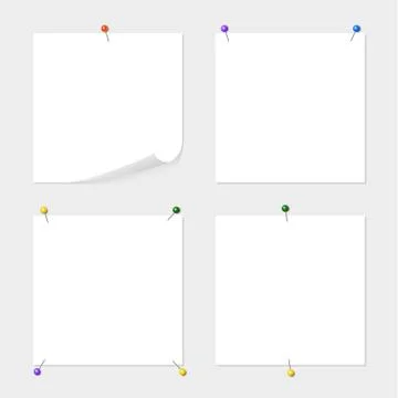 Set of note paper attached by colored pins with space for text or message on  Illustrazione stock