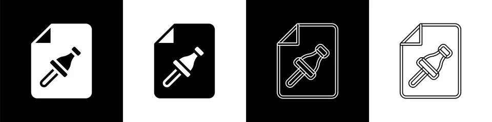 Set Note paper with pinned pushbutton icon isolated on black and white Stock Illustration