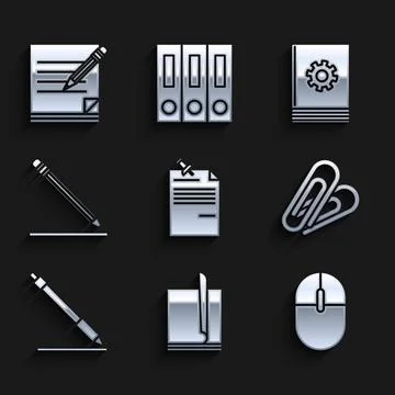 Set Note paper with pinned pushbutton, File document, Computer mouse, Paper clip Stock Illustration