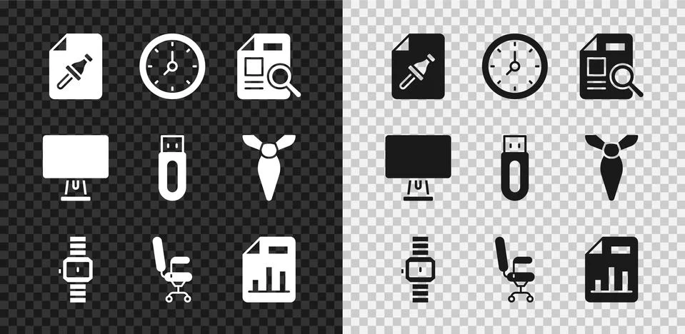 Set Note paper with push button, Clock, Document graph chart, Wrist watch, Of Stock Illustration