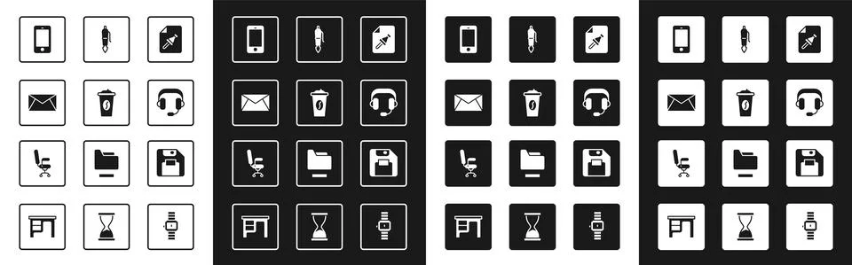 Set Note paper with push button, Coffee cup go, Mail and e-mail, Mobile phone Stock Illustration