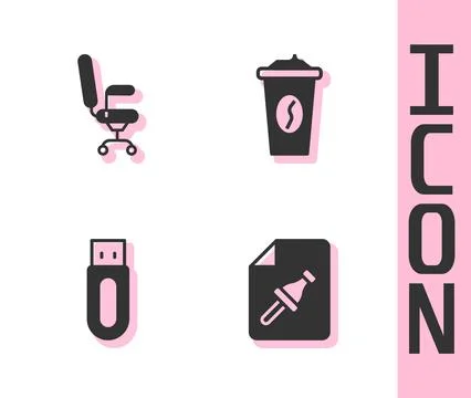 Set Note paper with push button, Office chair, USB flash drive and Coffee cup go Stock Illustration