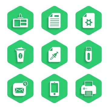 Set Note paper with push button, Mobile phone, Printer, USB flash drive, En.. Stock Illustration