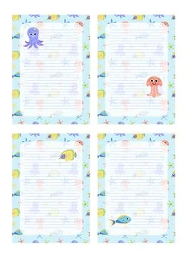 Set of note papers or notebook sheets with sea background. Flat, cartoon, vector Stock Illustration