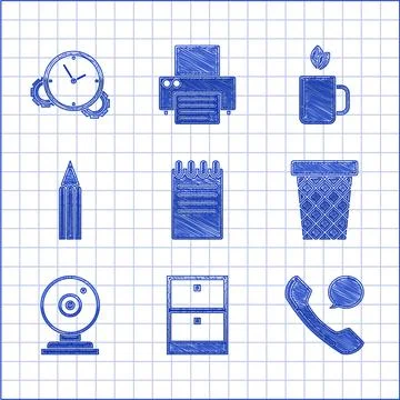 Set Notebook, Archive papers drawer, Telephone handset and speech bubble chat Stock Illustration