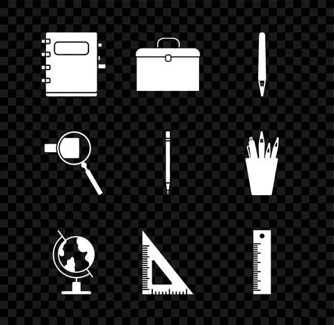 Set Notebook, Briefcase, Pen, Earth globe, Triangular ruler, Ruler, Magnifying Stock Illustration