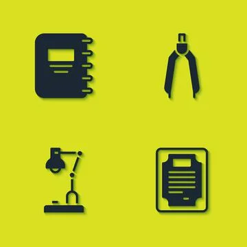 Set Notebook, Certificate template, Table lamp and Drawing compass icon. Vector Stock Illustration