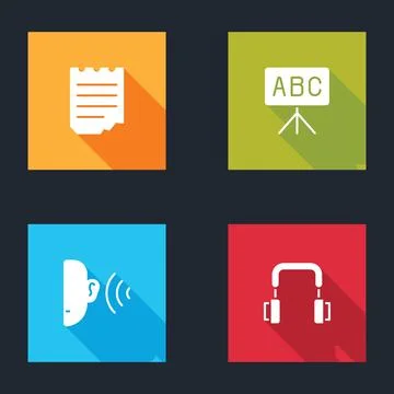 Set Notebook, Chalkboard, Ear listen sound signal and Headphones icon. Vector Illustrazione stock