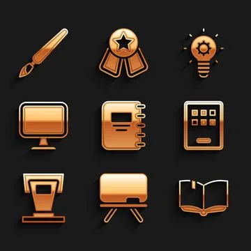 Set Notebook, Chalkboard, Open, Graphic tablet, Stage stand, Computer monitor Stock Illustration