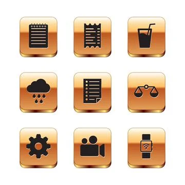 Set Notebook, Cogwheel gear settings, Movie or Video camera, Document, Cloud Stock Illustration