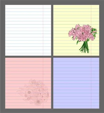 Set of notebook colored lined paper sheet with romantic flowers bouquet 스톡 일러스트