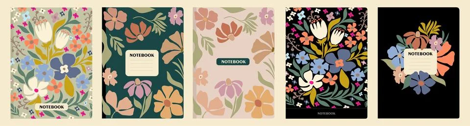 Set of notebook cover hand drawn floral designs. Stock Illustration