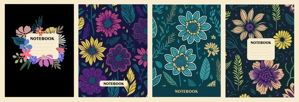 Set of notebook cover hand drawn floral designs. Stock Illustration
