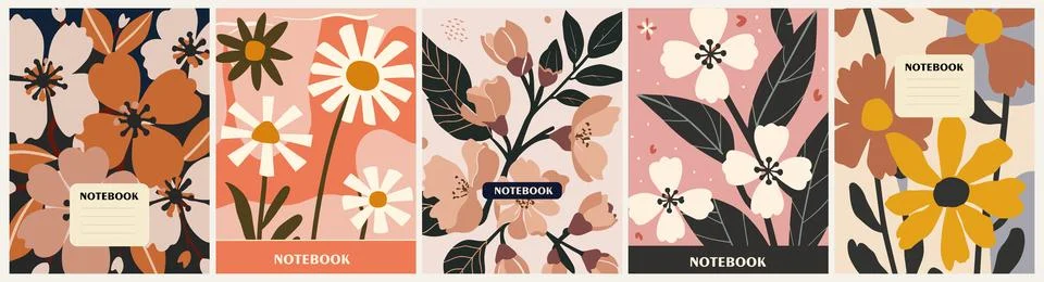 Set of notebook cover hand drawn floral designs. Stock Illustration