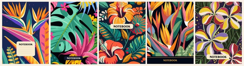 Set of notebook cover hand drawn floral designs. Stock Illustration