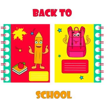 Set of notebook covers with funny pencil and backpack Stock Illustration