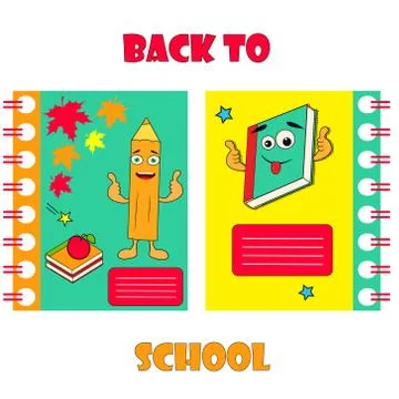 Set of notebook covers with funny pencil and backpack Stock Illustration
