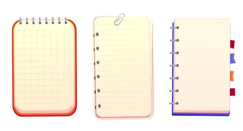 Set notebook, empty paper for notes, collection journal with spiral top view in Stock Illustration