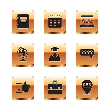 Set Notebook, Hand like, Briefcase, Graduate graduation cap, Earth globe Stock Illustration