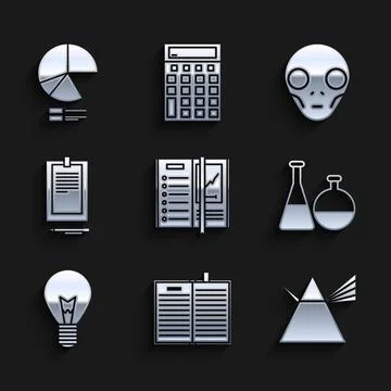 Set Notebook, Light rays in prism, Test tube and flask chemical laboratory, bulb Stock Illustration