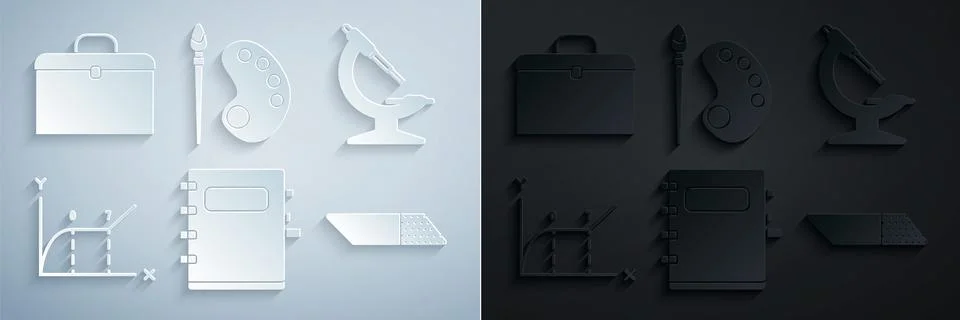 Set Notebook Microscope Pie chart infographic Eraser or rubber Paint brush wi Stock Illustration