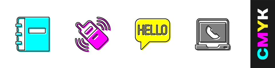Set Notebook, Mobile phone, Hello in different languages and Telephone 24 hou Stock Illustration