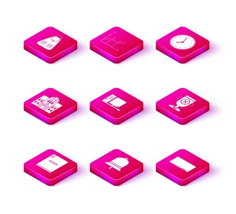 Set Notebook, Ringing bell, School building, Computer monitor with keyboard and Ilustración de archivo