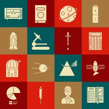 Set Notebook, Satellite, Calculator, Planet, Microscope, Space shuttle and 스톡 일러스트