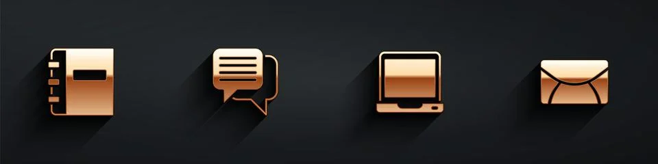 Set Notebook, Speech bubble chat, Laptop and Mail and e-mail icon with long Stock Illustration