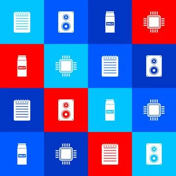 Set Notebook, Stereo speaker, Paper package for milk and Processor with CPU icon イラスト素材