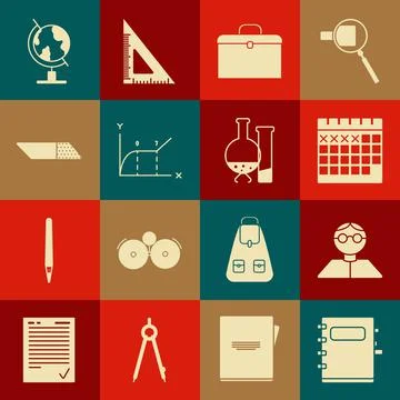 Set Notebook, Student, Calendar, Briefcase, Pie chart infographic, Eraser or Stock Illustration
