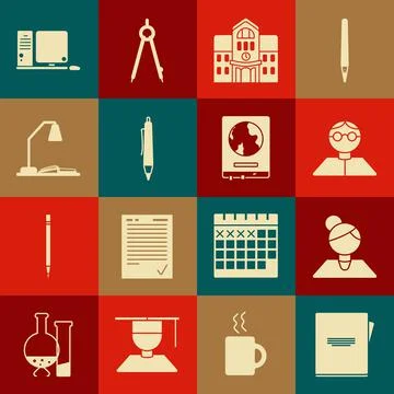 Set Notebook, Teacher, Student, School building, Pen, Workplace with table lamp Ilustración de archivo