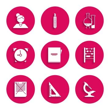 Set Notebook, Triangular ruler, Microscope, Abacus, Exam paper with incorrect Illustrazione stock