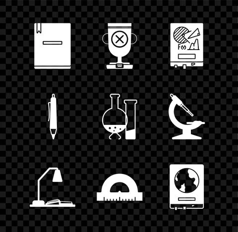 Set Notebook, Workplace table lamp and open, Protractor grid for measuring Stock Illustration