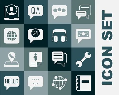 Set Notebook, Wrench spanner, Stacks paper money cash, Speech bubble chat Stock Illustration