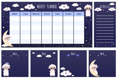 Set of notes and planners for kids with cartoon style animal character - sheep 스톡 일러스트