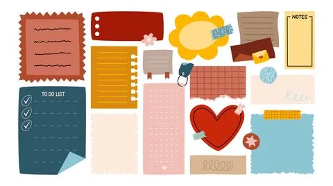 Set of notes, stickers, paper forms with space for text. 库存插图