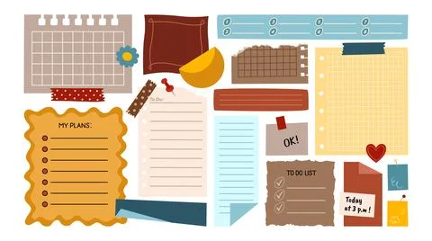 Set of notes, stickers, paper forms with space for text. 库存插图