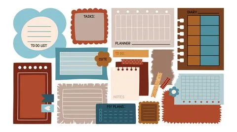 Set of notes, stickers, paper forms with space for text. 库存插图