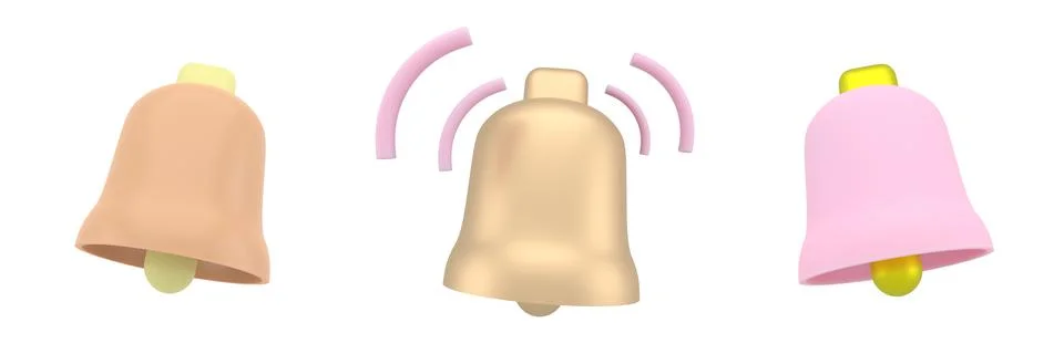 Set of notification 3D icon. Cute yellow bell. 3D Model render for design. 3d Illustrazione stock