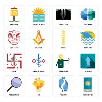 Set of notification, podiatry, focus group, tour guide, jain, spine, lion dan 無料イラスト素材