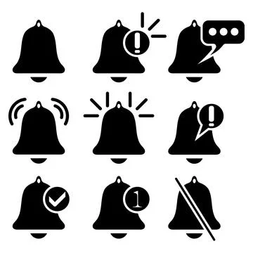 A set of notification symbols of bells. Ringing symbol, reminder. Vector illu Stock Illustration