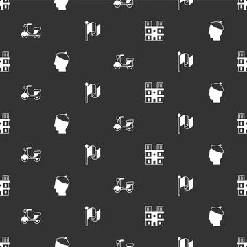 Set Notre Dame de Paris, French man, Scooter and Flag France on seamless pattern Illustrazione stock