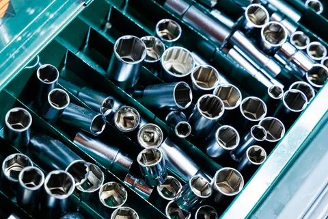 A set of nozzles for construction tools, tools for builders. Stock-Fotos