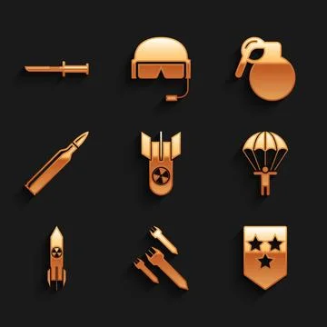 Set Nuclear bomb, Rocket, Chevron, Parachute, rocket, Bullet, Hand grenade .. Stock-Illustration