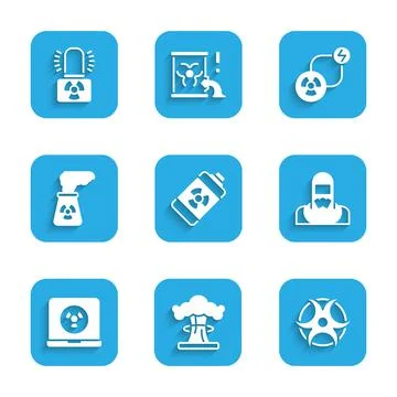 Set Nuclear energy battery, explosion, Biohazard symbol, reactor worker, laptop Stock Illustration