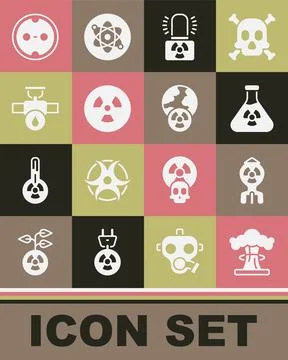 Set Nuclear explosion, bomb, Test tube radiation, Radioactive warning lamp 스톡 일러스트