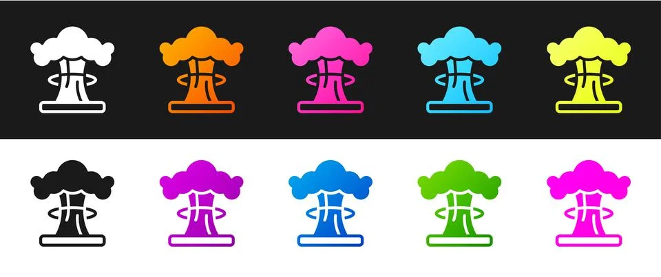 Set Nuclear explosion icon isolated on black and white background. Atomic bomb Stock Illustration
