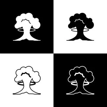 Set Nuclear explosion icon isolated on black and white background. Atomic b.. Stock Illustration