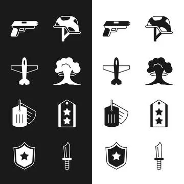 Set Nuclear explosion, Plane, Pistol or gun, Military helmet, dog tag, rank.. Stock Illustration